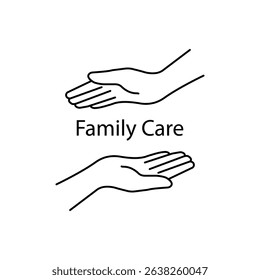 family care logo with thin line hand. contour flat style trend modern linear mommy love sign graphic art design isolated on white background. concept of mom or dad assistance kid or parenthood secure