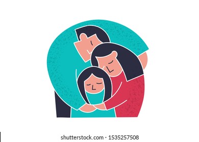 Family care. Mother and father hugs her little daughter. Flat cartoon trendy people cute protect family. Simple doodle trendy people life. Positive flat cartoon couple care family vector illustration.