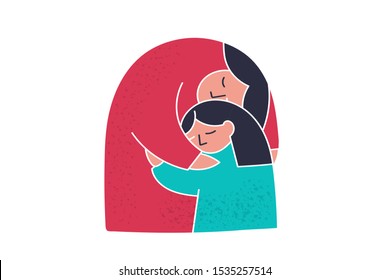 Family care. Mother hugs her little daughter. Flat cartoon trendy people cute family. Simple doodle trendy people life. Positive flat cartoon couple care vector illustration.