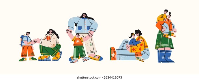 Family care and parent-child characters in retro cartoon style. People mascots: parents with kids, hugs, support, daily life. Illustration in funky, doodle style, trendy sticker set