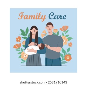 Family care poster. Man and woman holding baby in hands. Childhood and parenthood. Help and support, assistance. Parents with toddler. Flat vector illustration isolated on white background