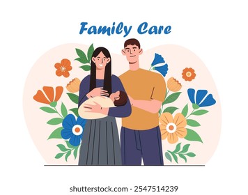 Family care poster. Man and woman with baby in their arms. Mother and father with toddler. Parenthood and childhood. Beautiful couple with baby. Flat vector illustration isolated on white background