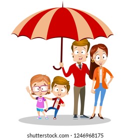 Family care and protection poster vector illustration. Cartoon happy father mother and their children standing under big umbrella together. 