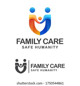 Family Care And Safe Humanity Gradient Logo, People Family With Shield Logo Concept