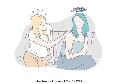 Family, care, support, depression, stress concept. Family support. Young careful girl tries support her depressed upset friend. Breakdown in relationships raises stress level. Simple flat vector