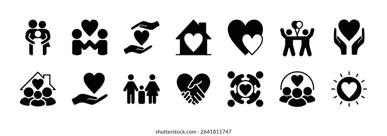 Family care and support icon set. Contains love, household, mother, father, children, friendship, togetherness, happy, handshake, hug, solidarity, human relationships, volunteer. Vector illustration