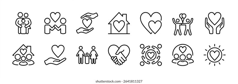 Family care and support icon vector set. Contains love, household, mother, father, children, friendship, togetherness, happy, handshake, hug, solidarity, human relationships, volunteer. Illustration