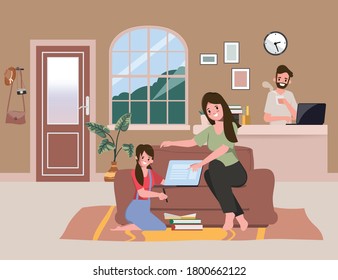Family Caregivers keeping children learning while at home. Stay at home and work from home together.