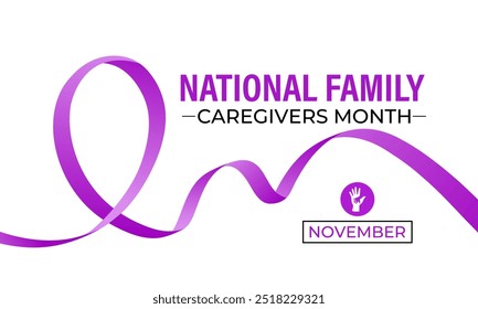 O mês dos cuidadores familiares é observado todos os anos em novembro. Caligrafia Poster Design. O Plum Ribbon aumenta a conscientização para os cuidadores de câncer. Cartaz do banner e modelo de design de fundo. Vetor.