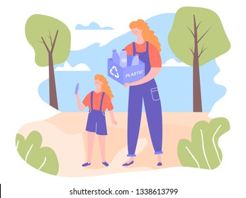 The family cares about the environment in the park. Mom is holding a box with plastic. Sort garbage for recycling. Conscious behavior education. Vector characters isolated on white background.