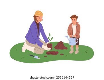 Family cares about nature, planting sprout of tree together. Kid helps to mother, holds watering can. Parent and child growing sapling in ground. Flat isolated vector illustration on white background