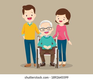 family cares for grandfather sitting on wheelchair, Smile Elderly on wheelchair and male and female healthy so Happy