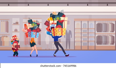 Family Carry Stack Of Presents Over Shop Background Holiday Gifts And Seasonal Sale Concept Flat Vector Illustration