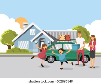 Family Carrying Boxes Into New Home On Moving Day. Vector illustration cartoon character.