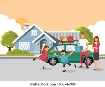 Family Carrying Boxes Into New Home On Moving Day. Vector illustration cartoon character.