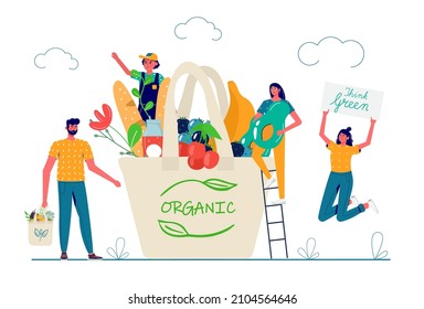 Family carrying eco natural bags with purchases. Concept Caring for the environment, Zero waste, vegetarianism,. ecological grocery shopping, reusable friendly shopper basket with vegetables and fruit