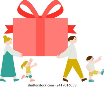 Family carrying a large gift package