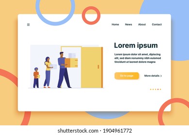 Family carrying stuff to new apartment. Couple with kids moving to new house flat vector illustration. Real estate, mortgage, property buying concept for banner, website design or landing web page