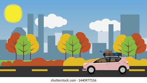 Family cars drive through the big city to travel alone.Traffic that is not jammed.