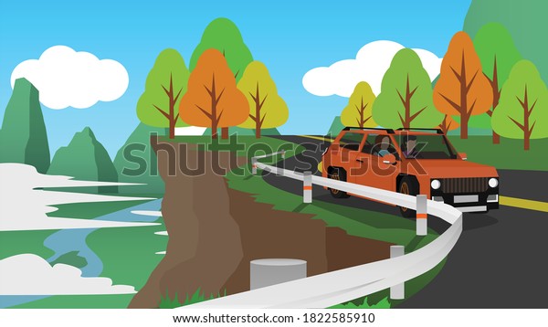 Family cars driving on\
mountain tours. Steel barrier to prevent danger. Colorful trees and\
mountains. Fog and a wide field with a river running in the\
background.