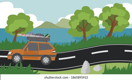 Family cars orange color with lots of luggage on the roof rack. On an asphalt road with low hills And surrounded by green grass and trees. Wallpaper of sea and island with blue sky white clouds.