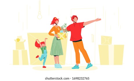 Family With Carton Boxes Moving In House Vector. Happy Parents Mother And Father With Daughter Moving In New Home Apartment. Characters Man, Woman And Little Girl Flat Cartoon Illustration