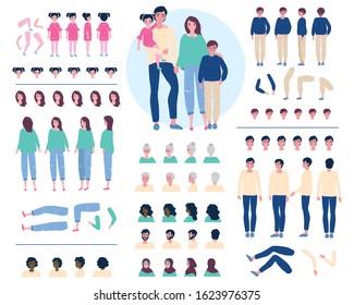 Family cartoon character constructor, creation kit vector illustration. Set of isolated body parts, facial expressions, age. Parents and children in different poses, family generator constructor set