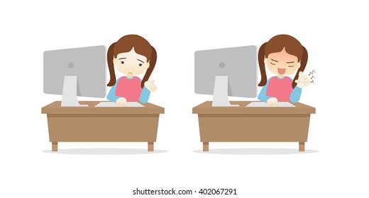 Family cartoon character playing desktop personal computer PC in different emotions faces on White background.- vector illustration