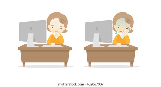 Family cartoon character playing desktop personal computer PC in different emotions faces on White background.- vector illustration