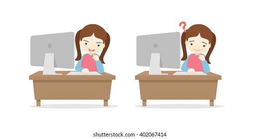 Family cartoon character playing desktop personal computer PC in different emotions faces on White background.- vector illustration