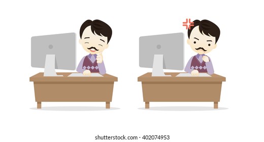 Family cartoon character playing desktop personal computer PC in different emotions faces on White background.- vector illustration