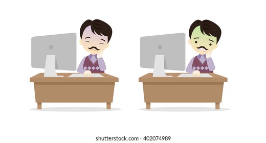 Family cartoon character playing desktop personal computer PC in different emotions faces on White background.- vector illustration