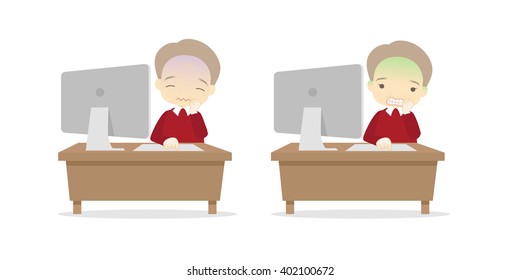 Family cartoon character playing desktop personal computer PC in different emotions faces on White background.- vector illustration