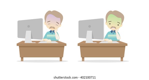 Family cartoon character playing desktop personal computer PC in different emotions faces on White background.- vector illustration