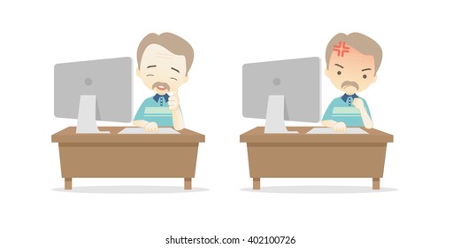 Family cartoon character playing desktop personal computer PC in different emotions faces on White background.- vector illustration