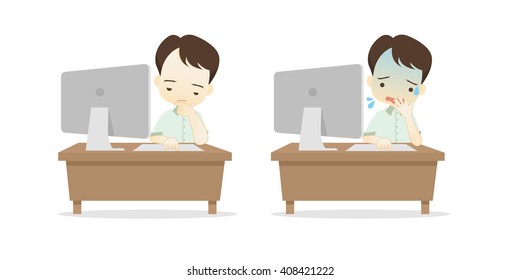 Family cartoon character playing desktop personal computer PC in different emotions faces on White background.- vector illustration