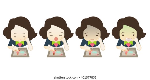 Family cartoon character playing tablet PC in different emotions faces on White background.- vector illustration