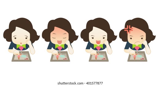 Family cartoon character playing tablet PC in different emotions faces on White background.- vector illustration