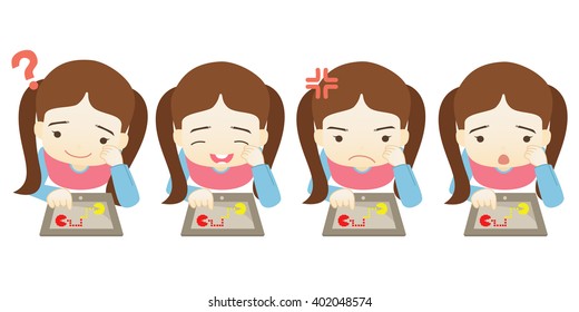 Family cartoon character playing tablet PC in different emotions faces on White background.- vector illustration