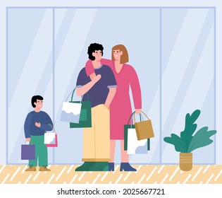 Family cartoon characters with bags in interior of shopping mall or store, flat vector illustration. Happy family of father, mother and child shopping together.