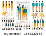 Family cartoon characters constructor set vector illustration. Parents and children in different poses, isolated editable body parts, facial expressions and age. Family generator constructor set