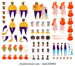 Family cartoon characters constructor set, vector illustration. Parents and children in different poses, isolated faces with emotional expressions, editable race, age. Family generator constructor set