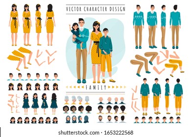 Family cartoon characters constructor set vector illustration. Parents and children in different poses, isolated editable body parts, facial expressions and age. Family generator constructor set