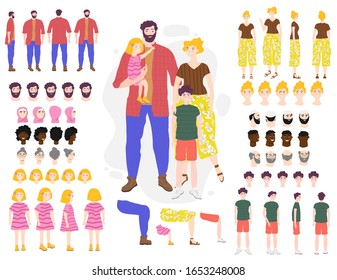 Family cartoon characters constructor set vector illustration. Parents and children in different poses, isolated faces with emotional expressions, editable race, age. Family generator constructor set