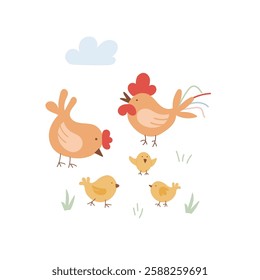 Family of cartoon chickens enjoying a sunny day in a grassy field with fluffy clouds.