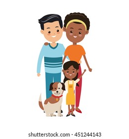 Family cartoon concept represented by parents and daughter with dog icon. Isolated and Colorful illustration.