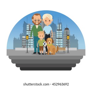 Family cartoon concept represented by parents with son and dog icon over city landscape.  Colorfull illustration