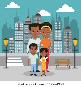 Family cartoon concept represented by parents and kids icon over city landscape.  Colorfull illustration