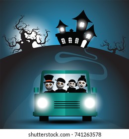 Family Cartoon On Car In Halloween Night Party Vector, Ghost Costume Style Illustration Concept