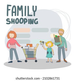 Family Cartoon Vector Characters Walking with Supermarket Shopping Cart Full of Food Products Isolated on White Background. Parents with Son Buying Groceries, Making Purchases in Shop